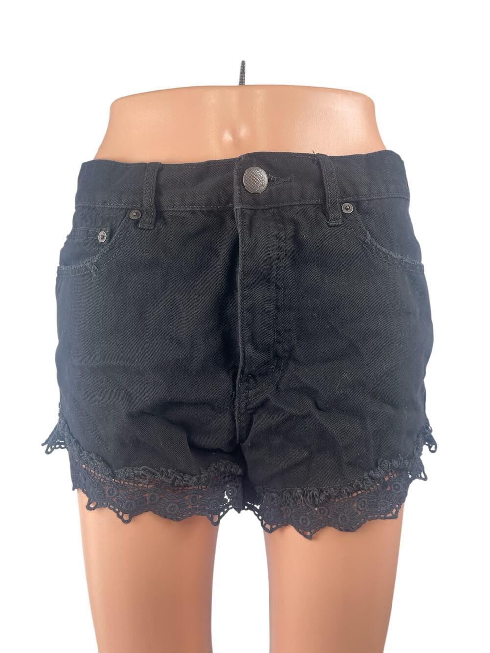 Free People Women's Black Lace Hem High Waisted Wide Leg Denim Jeans Shorts 28